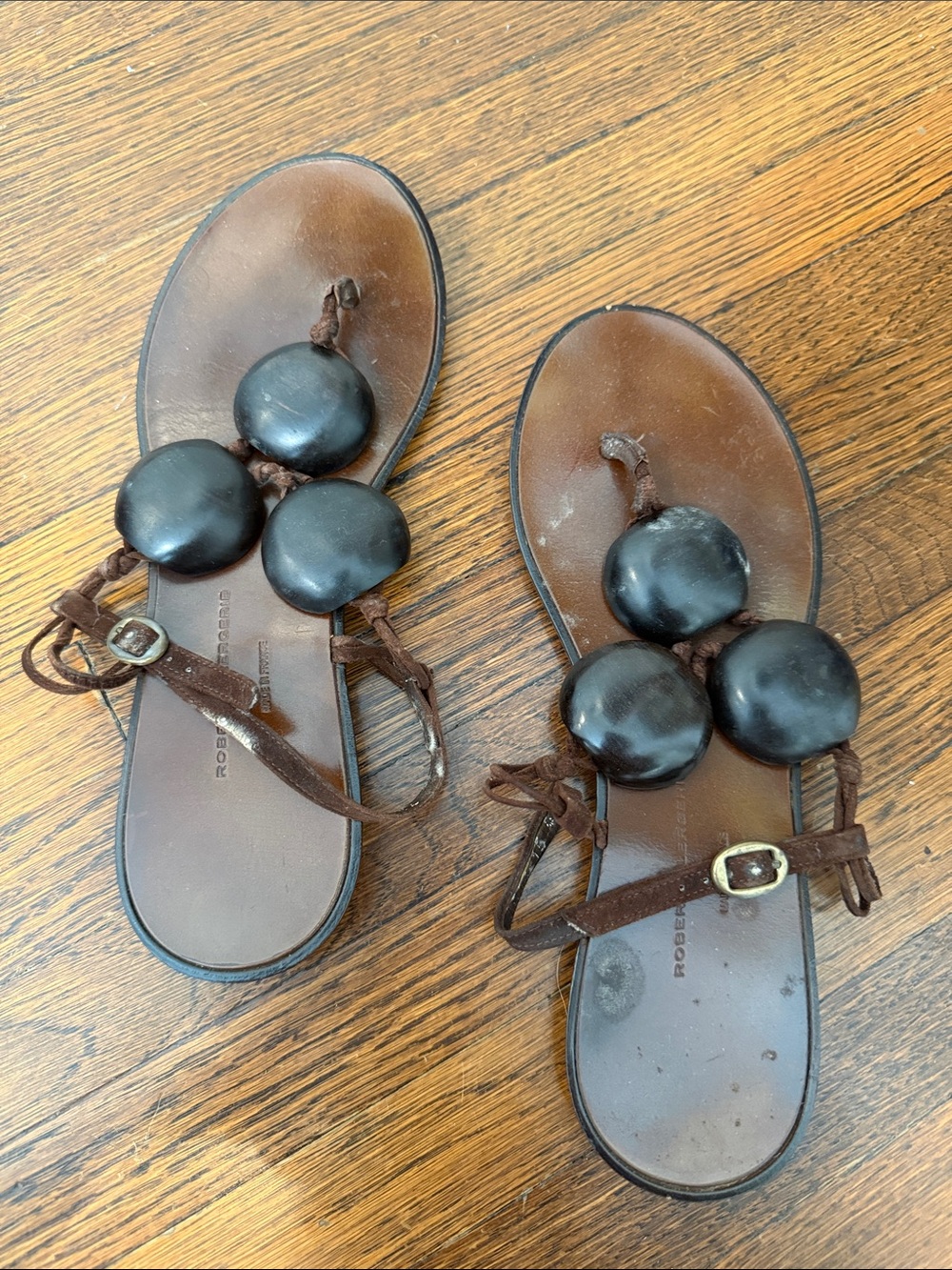 Robert Clergerie Brown Leather Sandal with Black Bead Detail